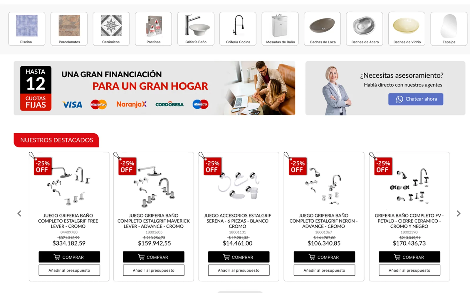Home de Reposición Cerámicas con el carrusel de destacados y botones Comprar en negro