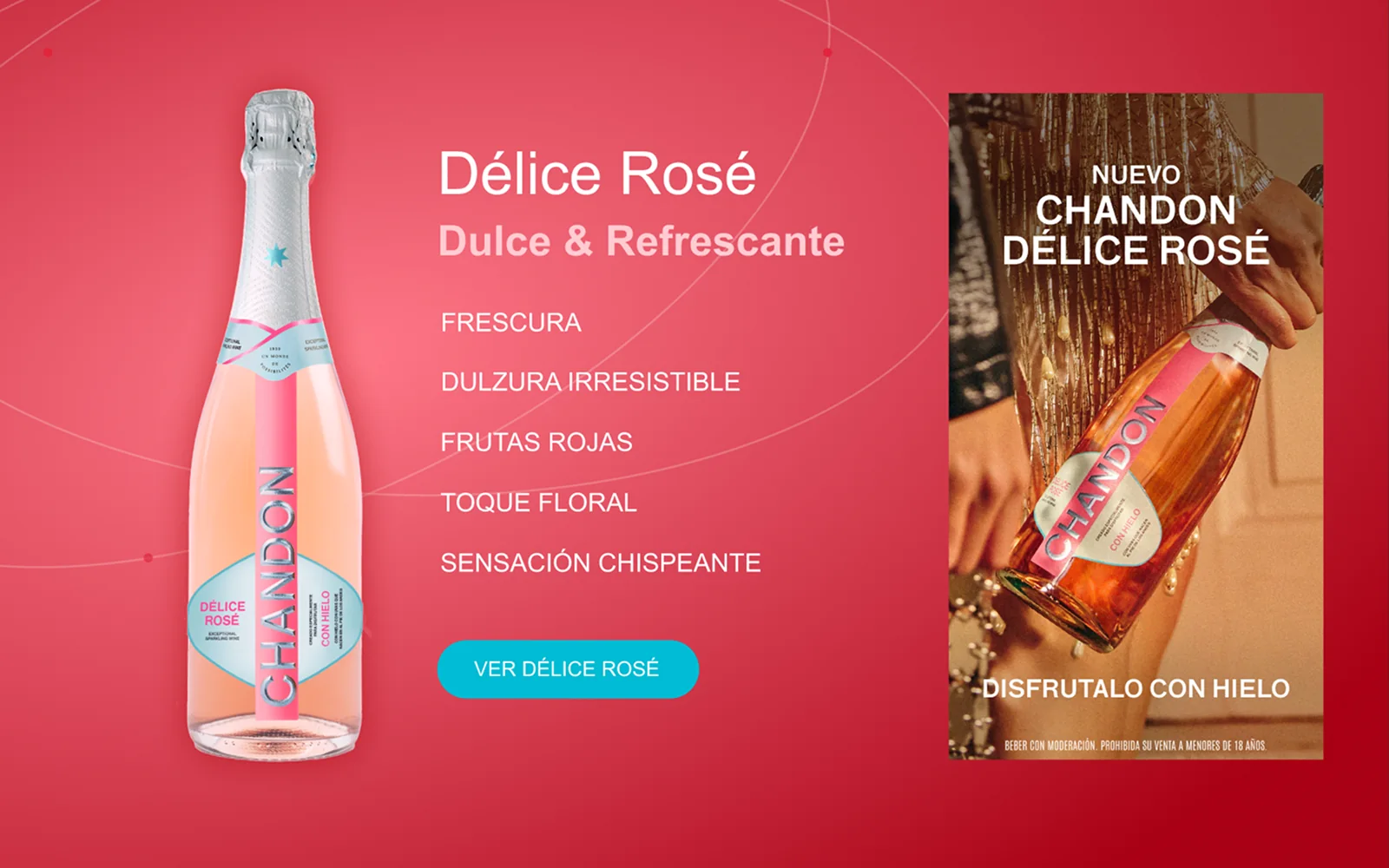 Landing de Chandon Délice Rosé con la botella sobre fondo rosado