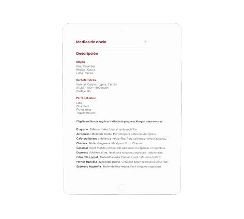 Ficha de producto con la descripción ordenada por origen, características, perfil de sabor y moliendas