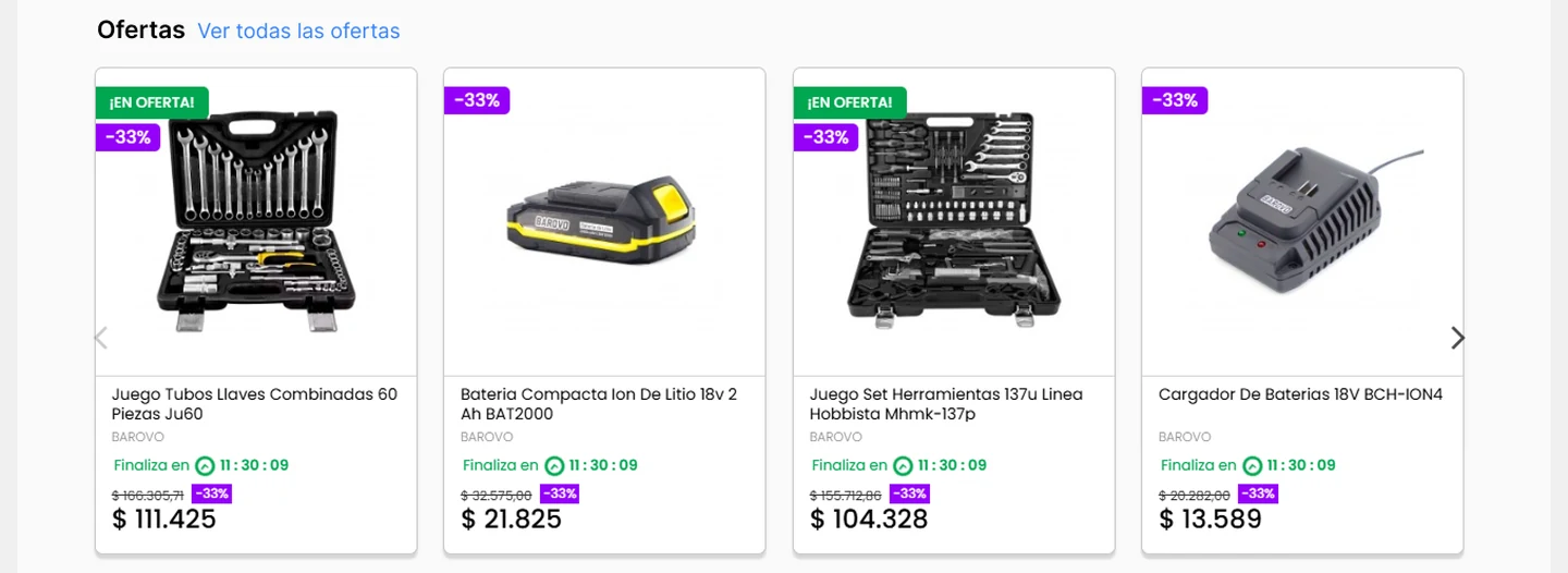 Mafacha después: etiquetas de oferta, cuenta regresiva y el descuento junto al precio.