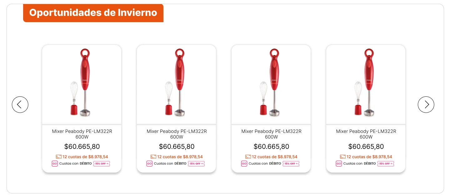 Un Mundo después: precio en negro, cuotas y descuento con débito visibles en cada card.