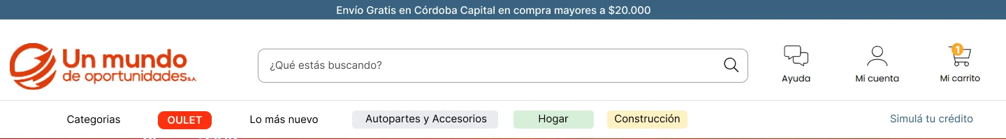 Un Mundo después: barra superior con envío gratis y accesos directos a categorías clave.