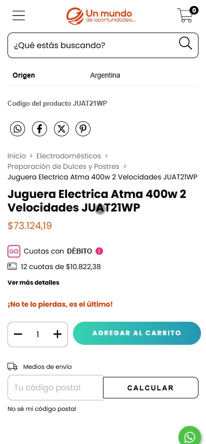 Un Mundo antes: ficha de producto en el sitio anterior.