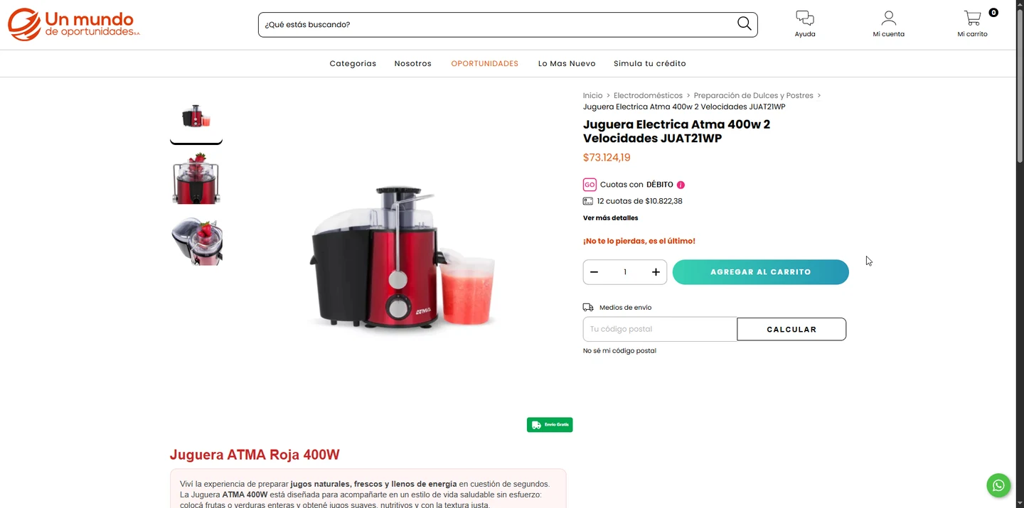Un Mundo antes: el botón de compra y el cálculo de envío compiten por la atención.