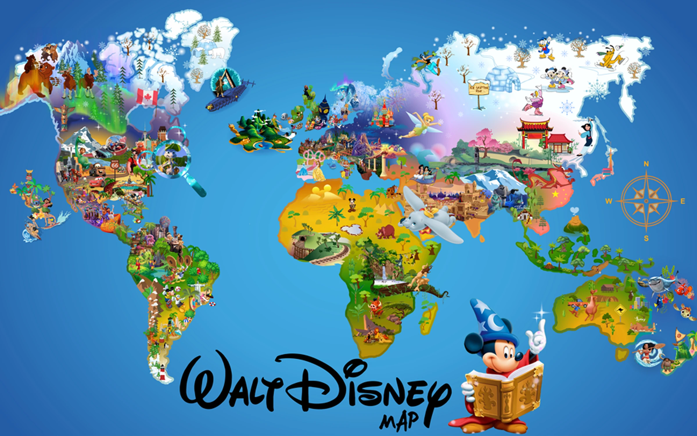 Mapa ilustrado del mundo con personajes y paisajes de cada región
