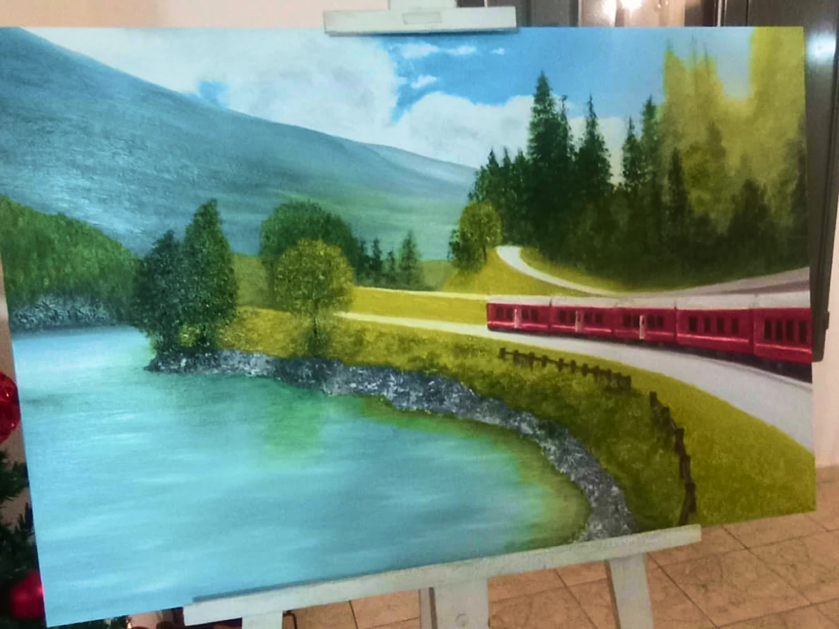 Pintura de un paisaje con lago y un tren rojo
